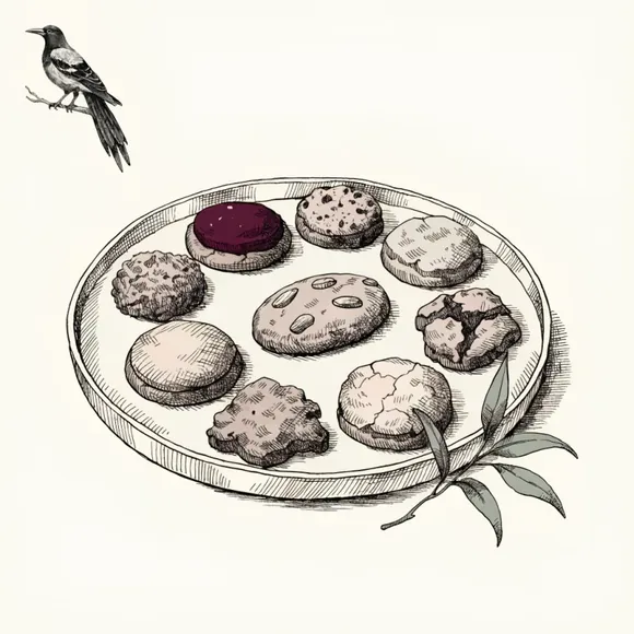 Hand-drawn illustration of a round cookie platter with a eucalyptus sprig