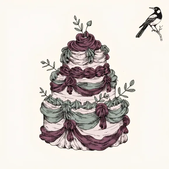 Hand-drawn illustration of a whimsical three-tier celebration cake with plum icing and eucalyptus sprigs