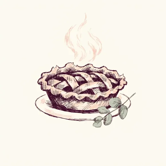 Hand-drawn illustration of a steaming lattice-top pie