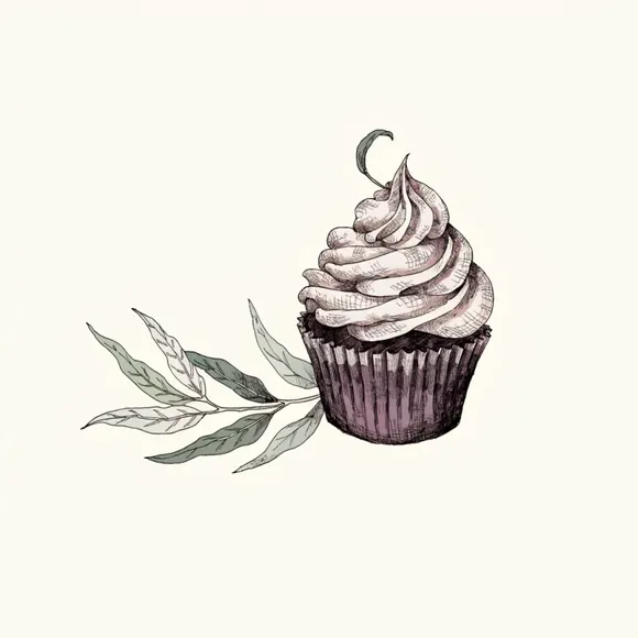 Hand-drawn illustration of a frosted cupcake with a leaf sprout