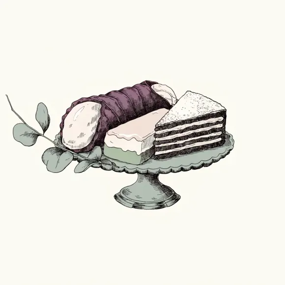 Hand-drawn illustration of a wedding dessert trio — cannoli, napoleon, and lemon bar on a cake stand