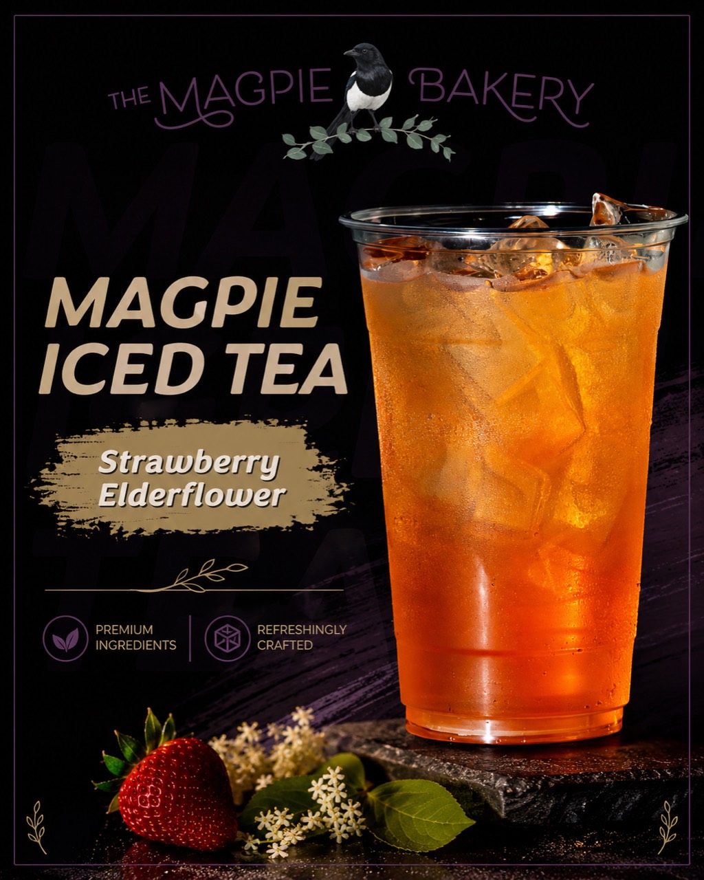 Strawberry Elderflower Magpie Iced Tea served over ice