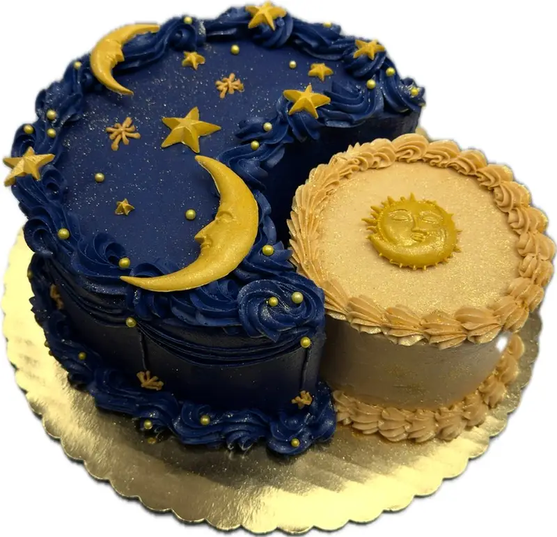 Custom moon and stars celebration cake decorated by hand at The Magpie Bakery in Bloomingdale, NJ
